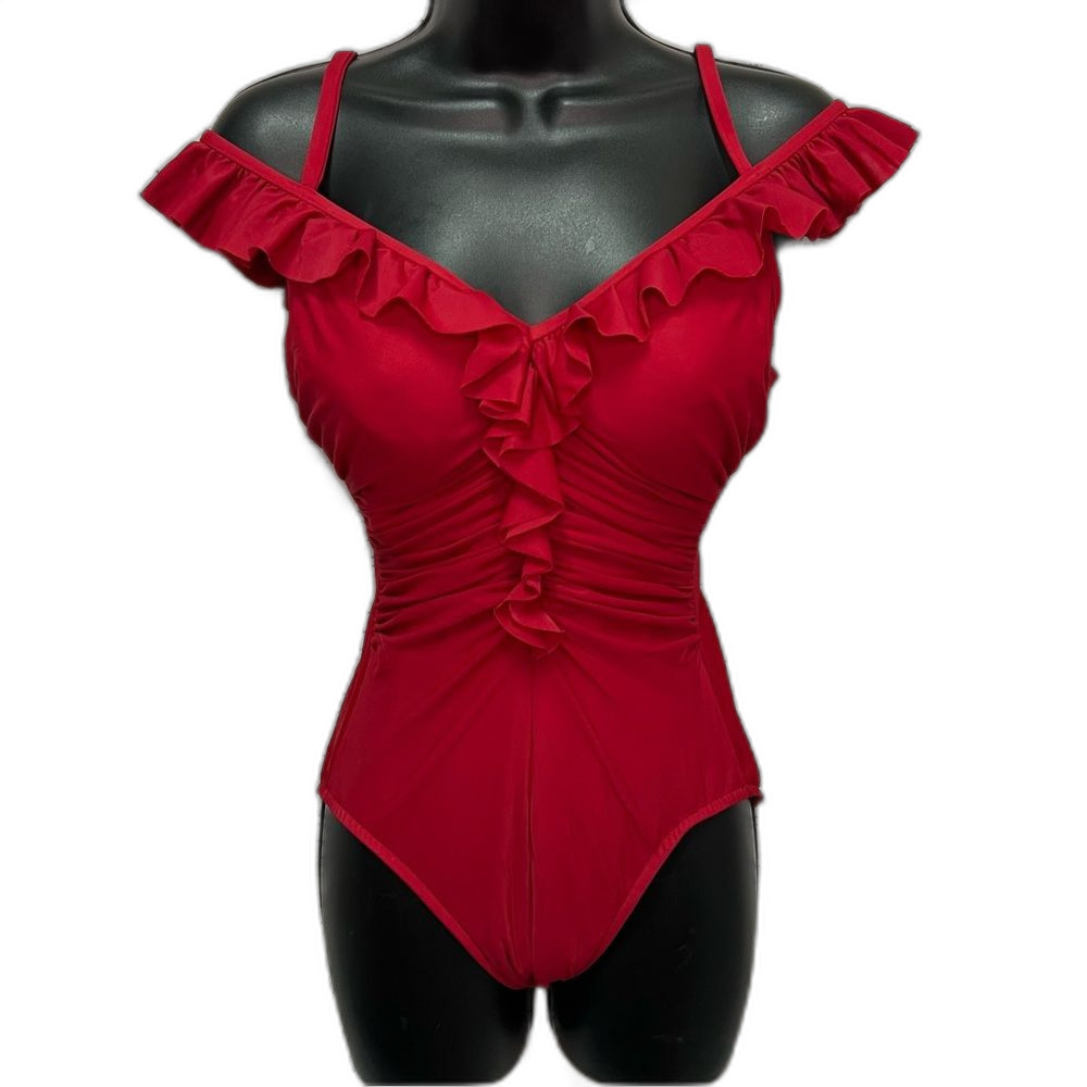 Magicsuit flattering ruffle off shoulder one piece shapewear swimsuit Sz 10 red
